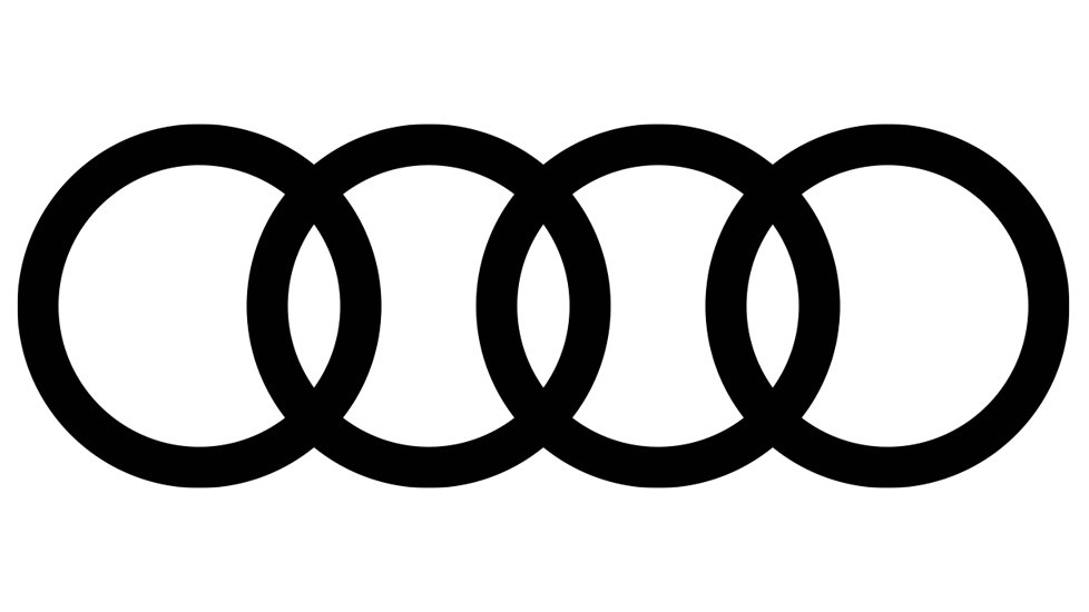 Four black circles overlap over a white background in Audi's logo