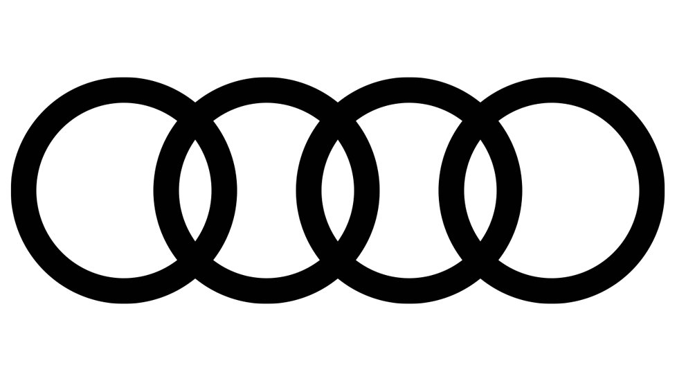 Four black circles overlap over a white background in Audi's logo