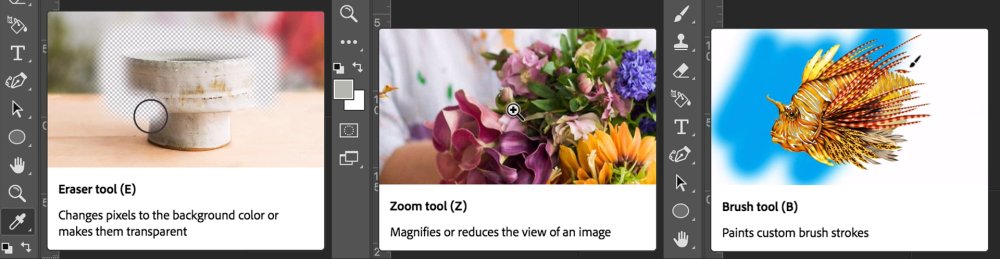 Three captioned images explaining the function of the Eraser tool, Zoom tool and Brush tool