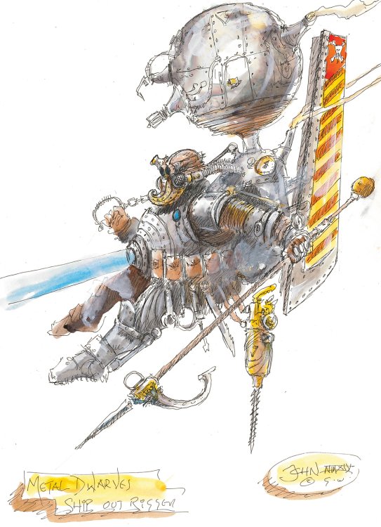 A metal dwarf on a flying machine