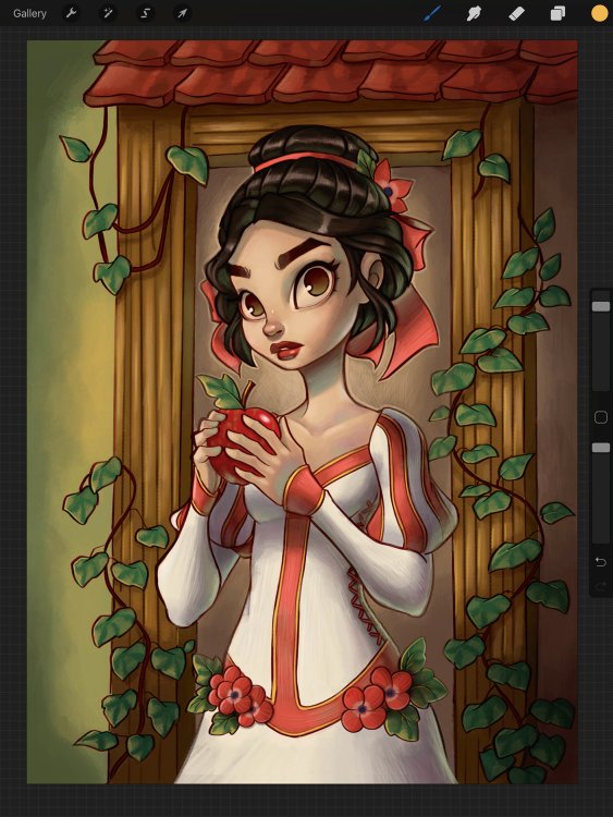 Fairy tale woman holding an apple with added background detail