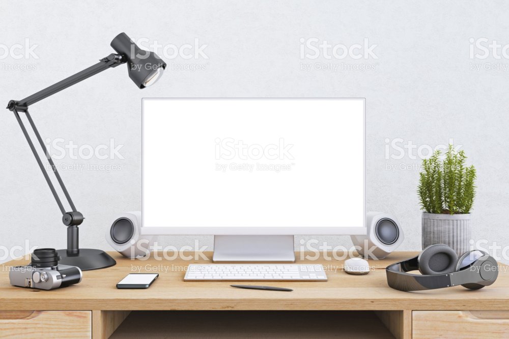 Blank monitor on desk with lamp and plant