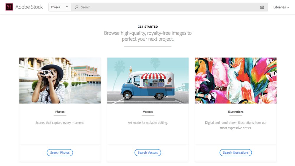 Adobe Stock image search page, showing buttons to search photos, vectors and illustrations