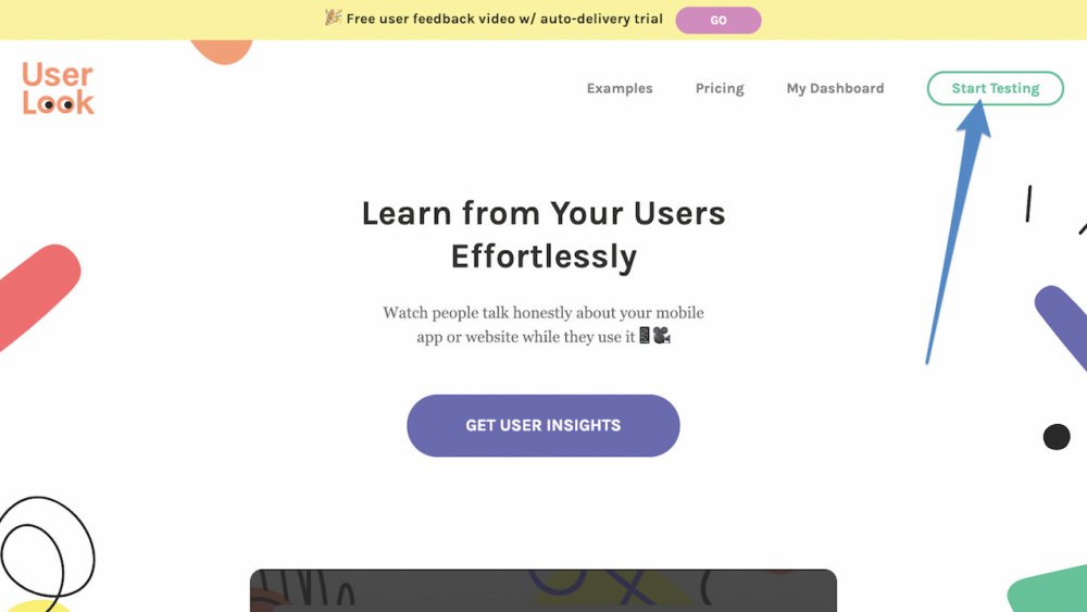 An image showing the UserLook homepage, indicating the 'Start Testing' button in the top-right hand corner.