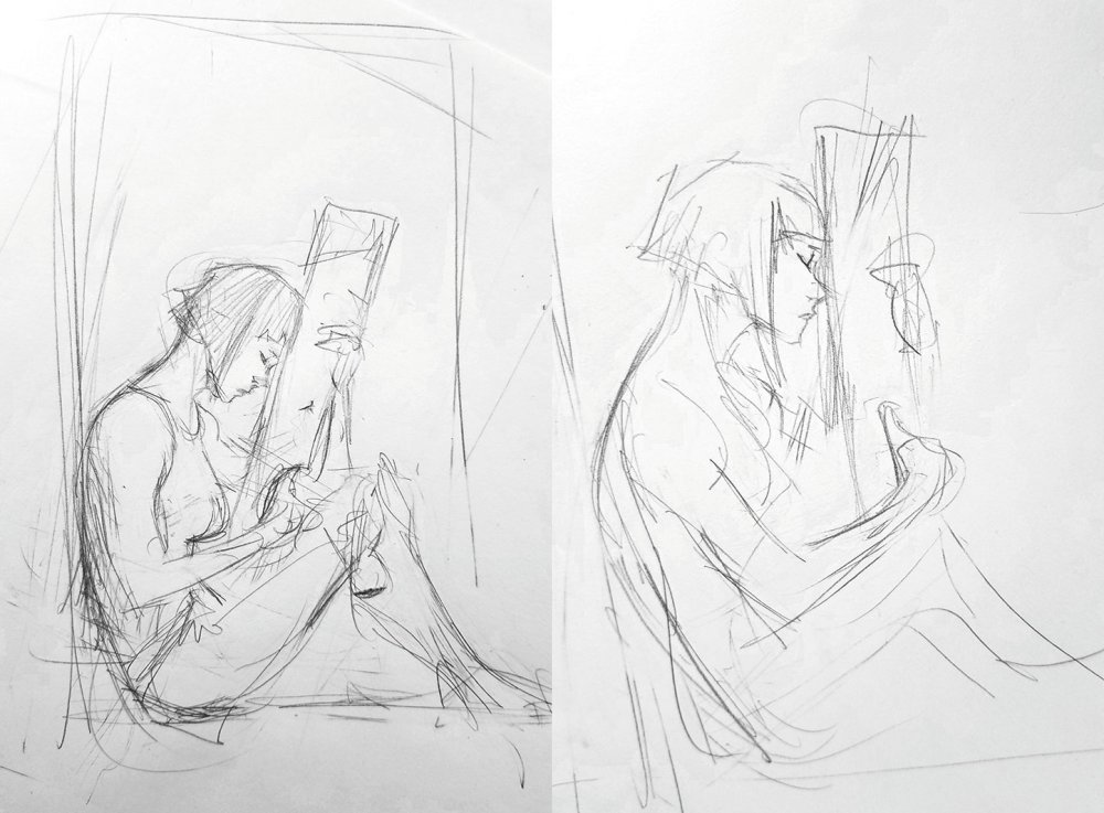 Rough sketches of futuristic woman holding a gun