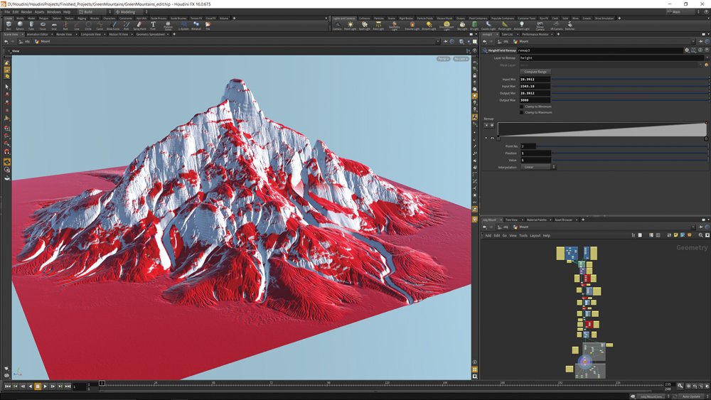 Mountain terrain in Houdini with HeightField Noise interface open