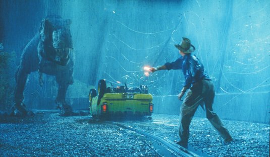 jurassic park still of dinosaur, car and ranger