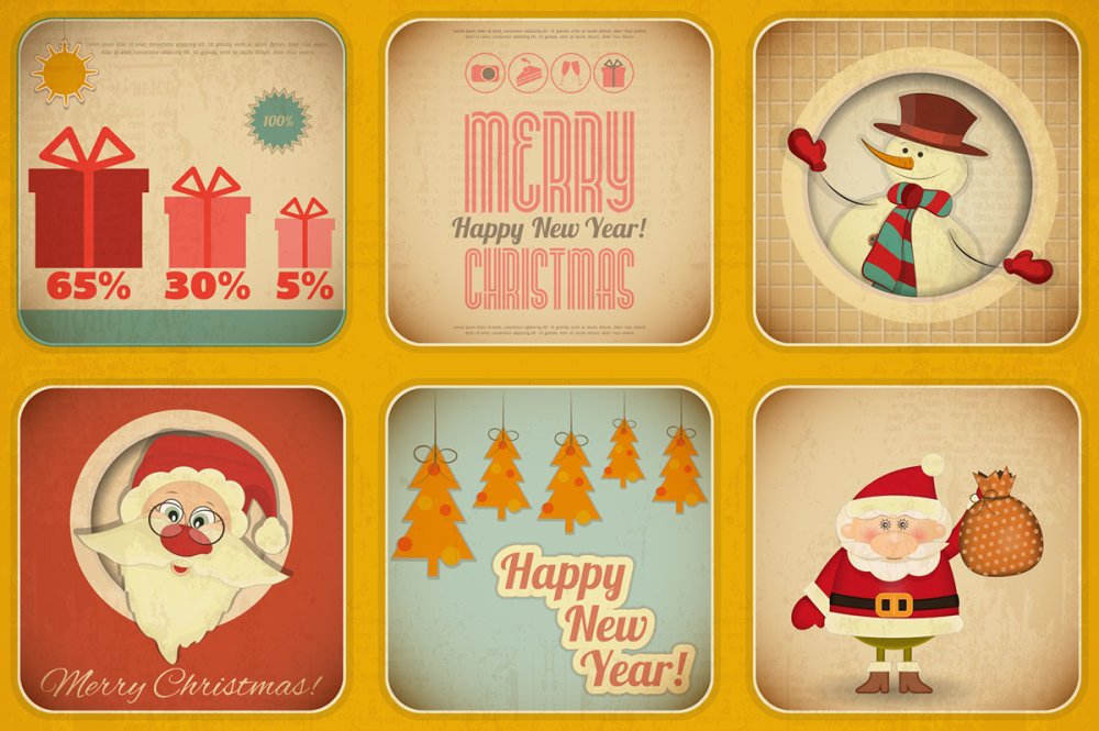 Retro illustrations show gifts, Father Christmas, a snowman, each with a vignette