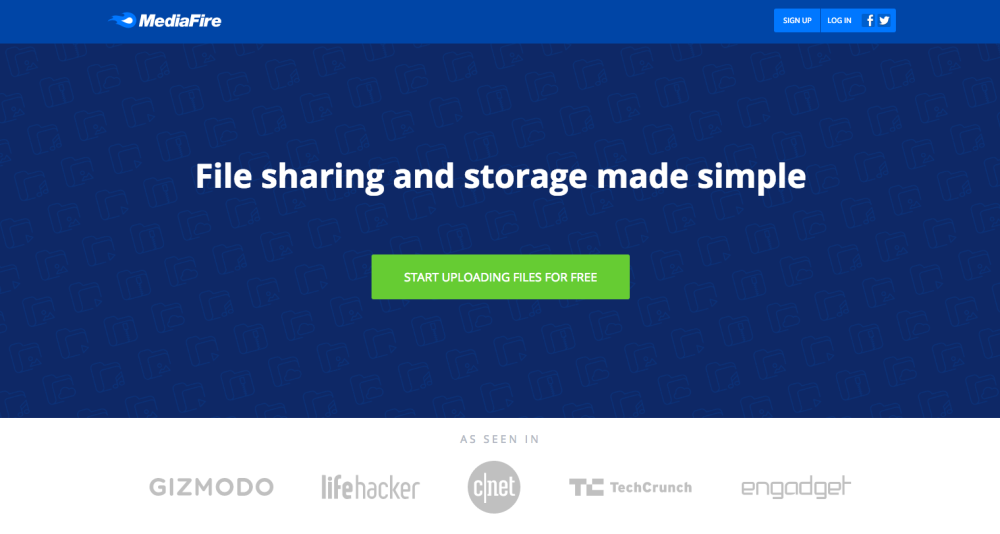 MediaFire screenshot with tagline 'File sharing and storage made simple'