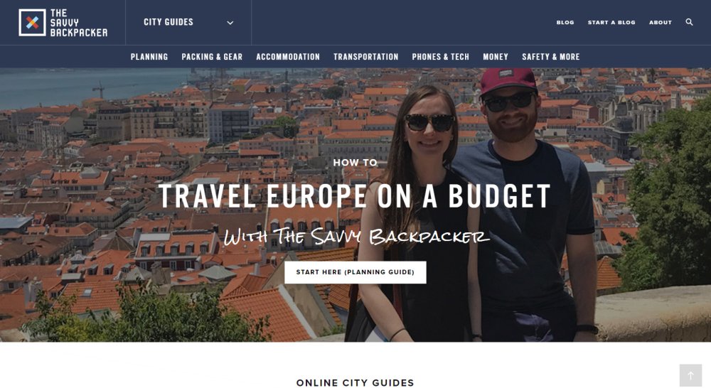 SavvyBackpacker homepage of a photo of a couple standing in front of a European city