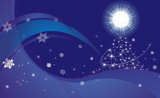 Christmas card template: Deep blue background with swirls, stars and snowflakes