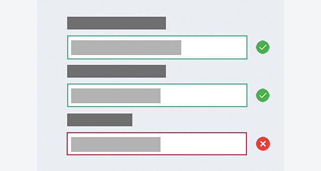 Illustration shows two fields filled with green ticks beside them, one field filled but with a red x beside it