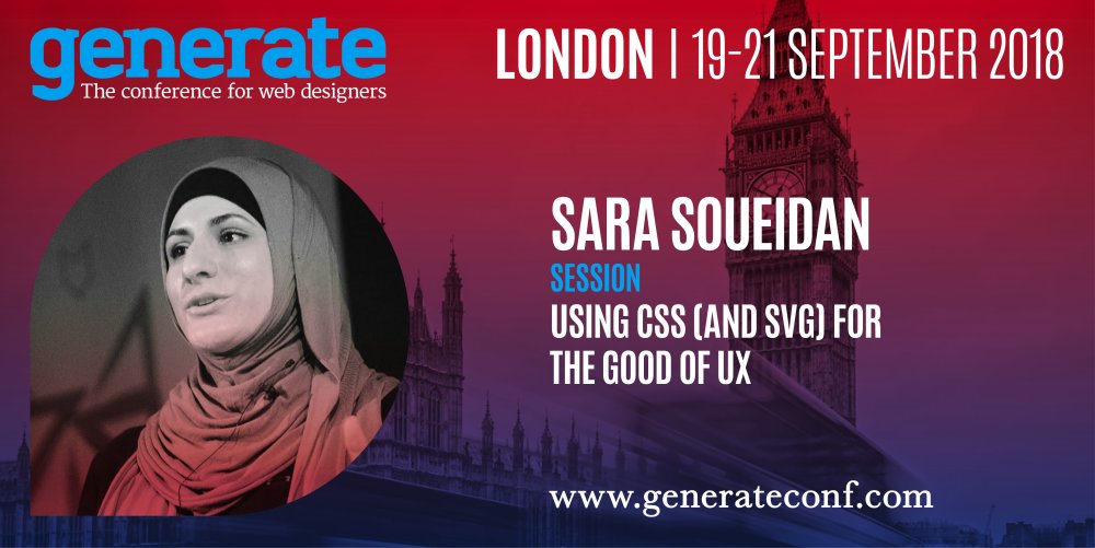 Sara Soueidan is giving her talk Using CSS (and SVG) for the good of UX at Generate London.