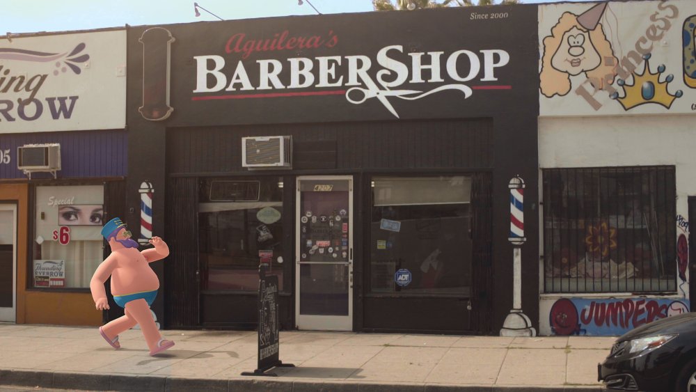 Nexus Studios' Hotstepper character walking past a barbershop