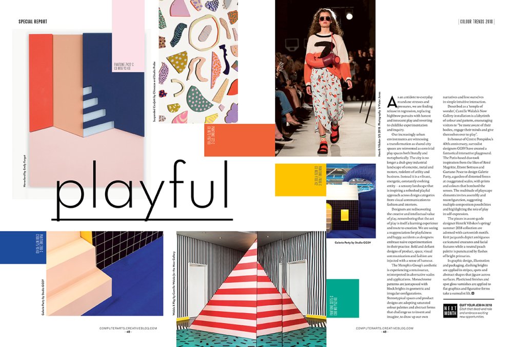 Magazine pages with pictures of a runway model in patterned clothes and a striped play tent