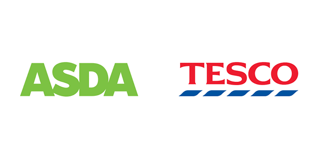 Asda and Tesco logos switching colours