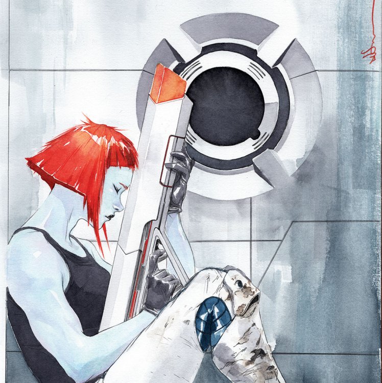 Scanned image of futuristic woman sitting holding a gun