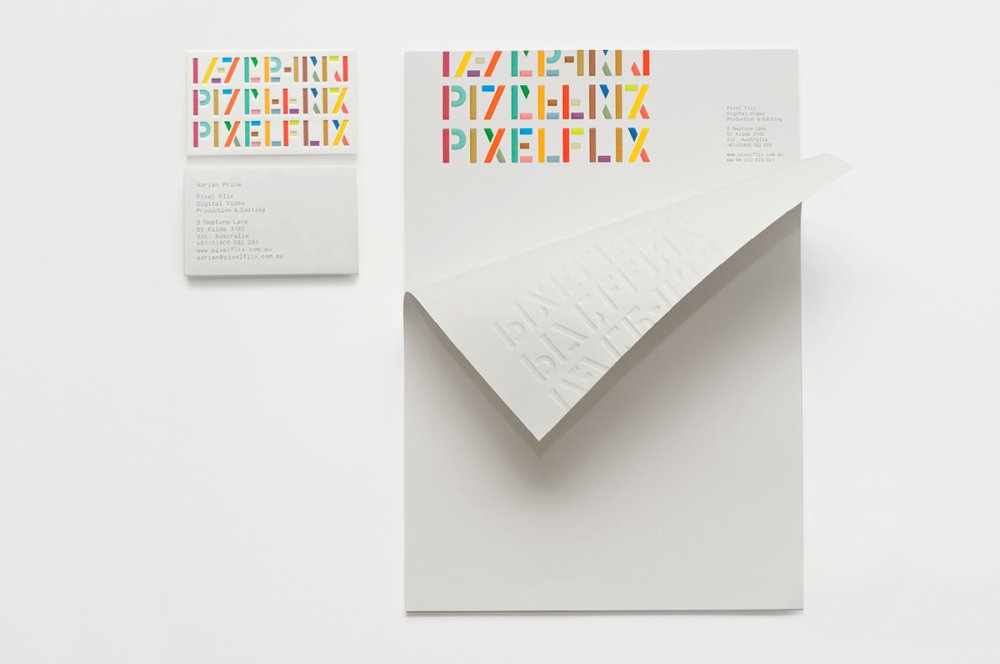 Pixelflix's embossed and rainbow-coloured typography letterhead