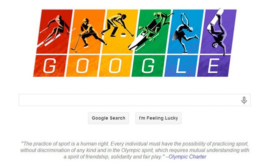 Six figures playing different sports above each letter of 'Google', cast in a rainbow of colours