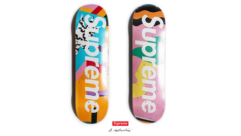 Supreme skateboards in Memphis style by Alessandro Mendini