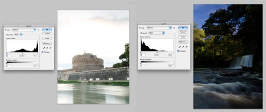 Image of castle and sky with a white sky, left, and a waterfall that's too dark, right