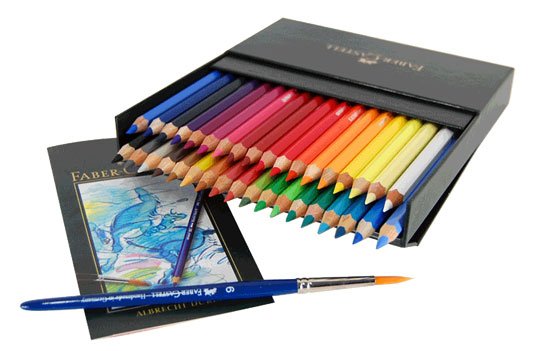 Box of Albrecht Dürer watercolor pencils, with watercolour brushes and an artwork