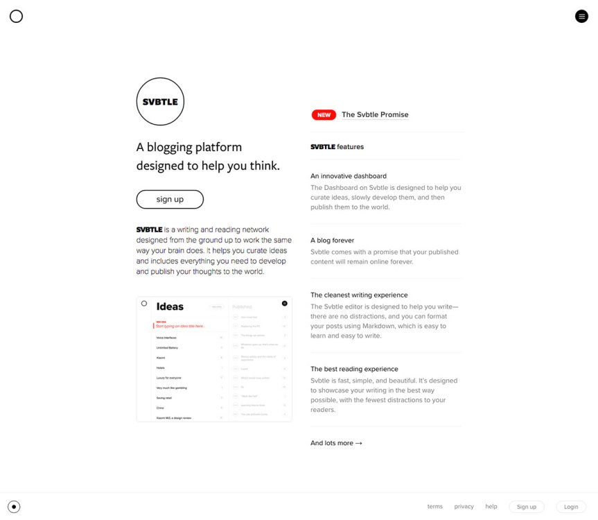Screenshot of the Svbtle site says 'A blogging platform designed to help you think'