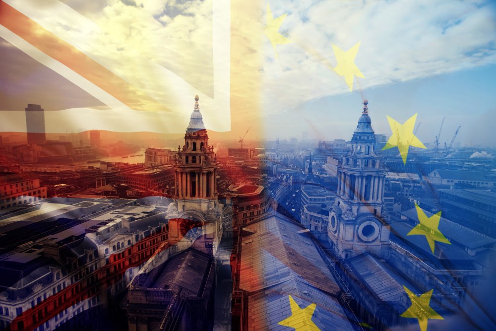 Image of Westminster overlaid with UK and EU flags