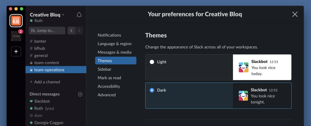 Slack dark mode