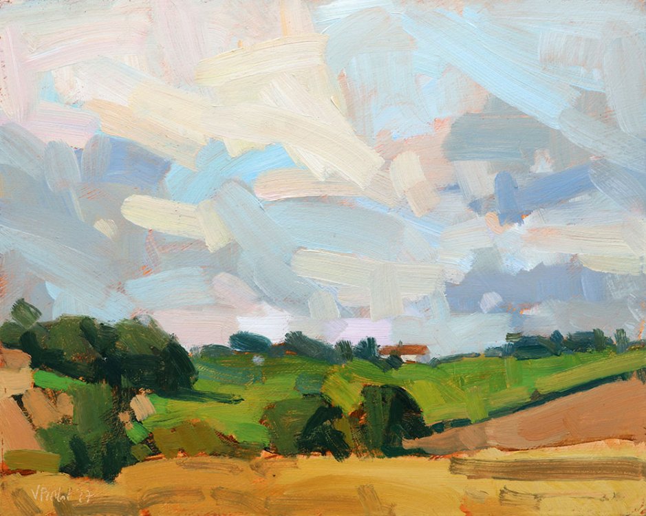 Field landscape with cloudy sky