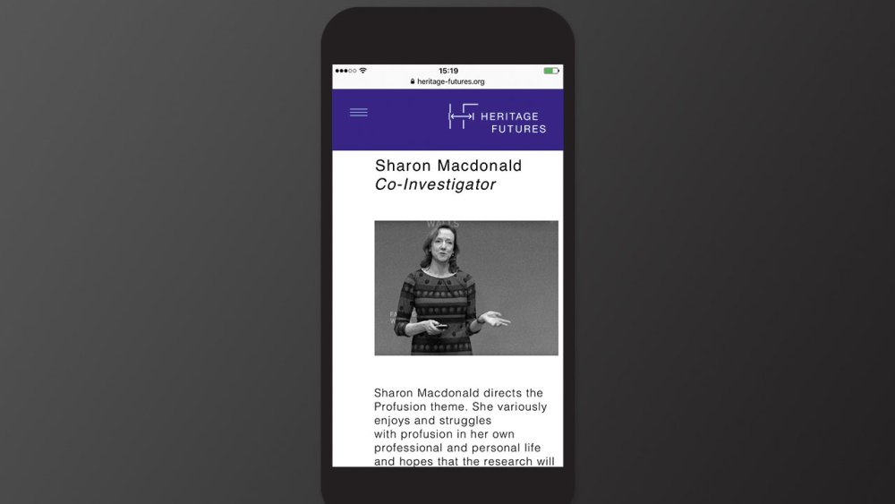 Mobile device displaying a Heritage Futures page