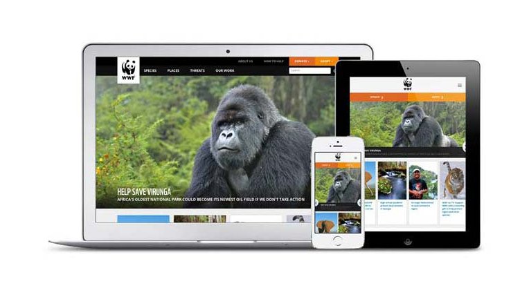 WWF site with gorillas shown on three devices