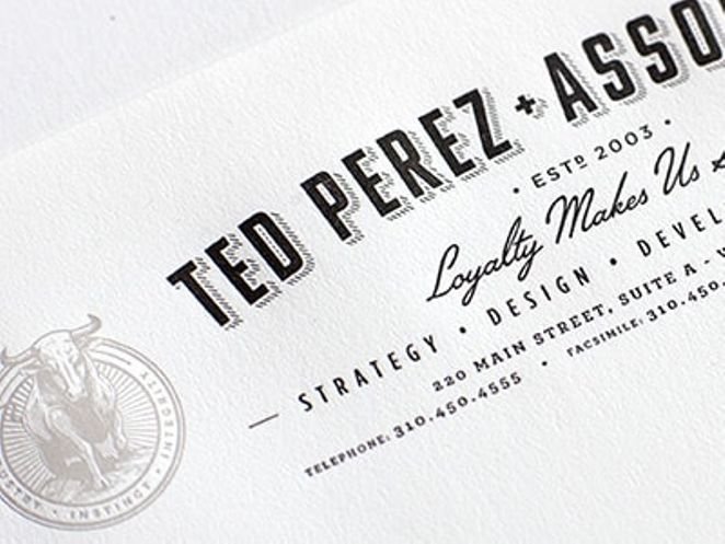 Ted Perez + Associates typographic letterhead with bull logo