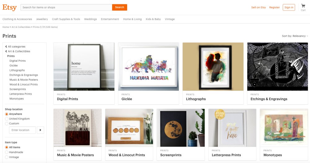 Sell design work: Etsy