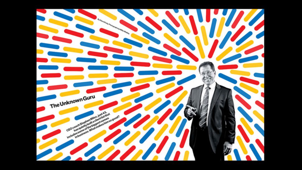 The Unknown Guru magazine layout from Bloomberg Businessweek combining photography and colourful illustration