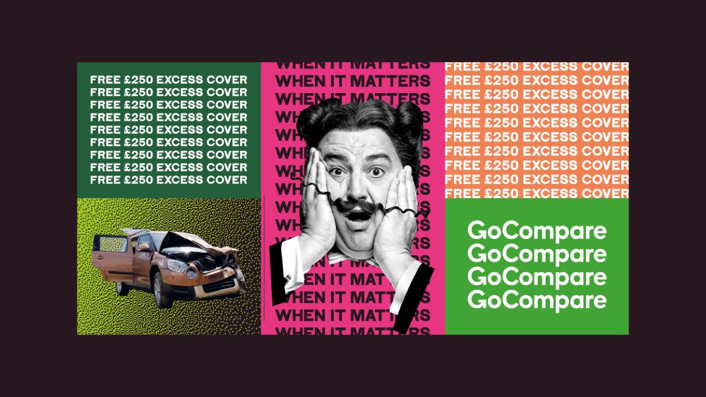 Go Compare advert with repetitive text, photo cutouts and wild colours