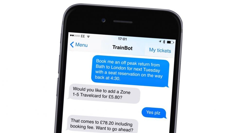 A TrainBot chatbot conversation on an iPhone