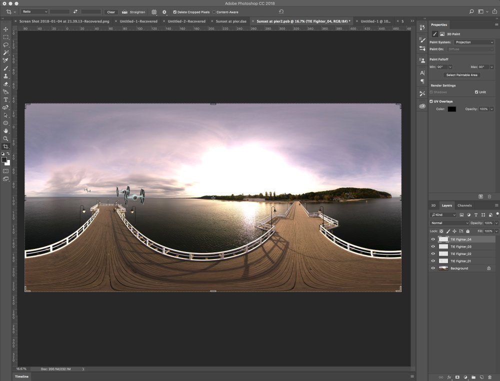 Image shows a 360 view of a pier and the sea with a drone in the foreground