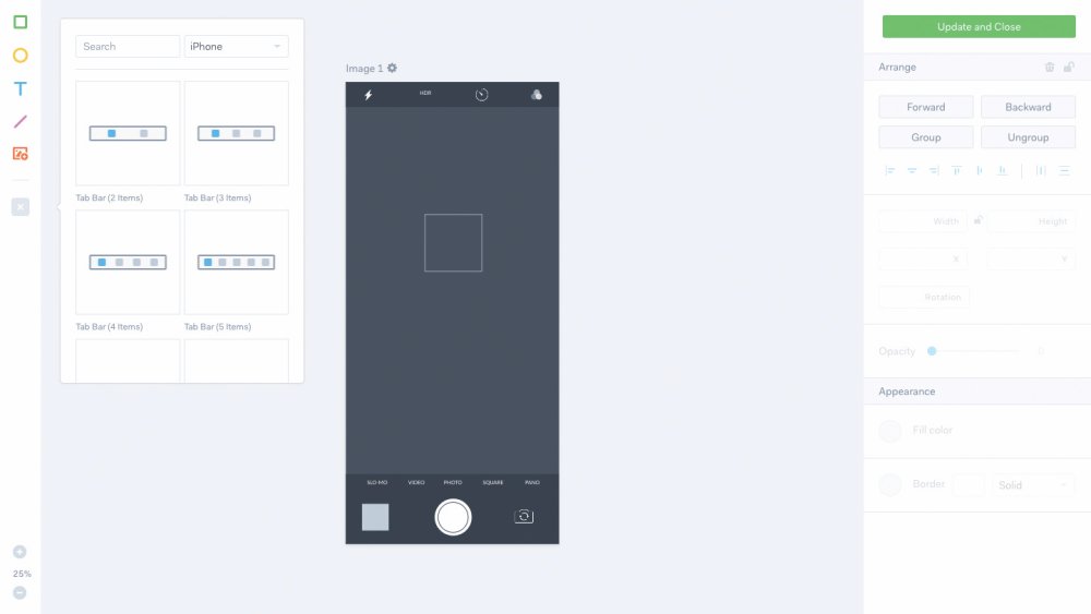 Marvel's protoyping screen, showing how easy it is to add mocked up components, include smartphone camera screens.