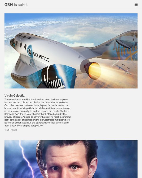 GBH Sci Fi page, including an image of a Virgin Galactic plane