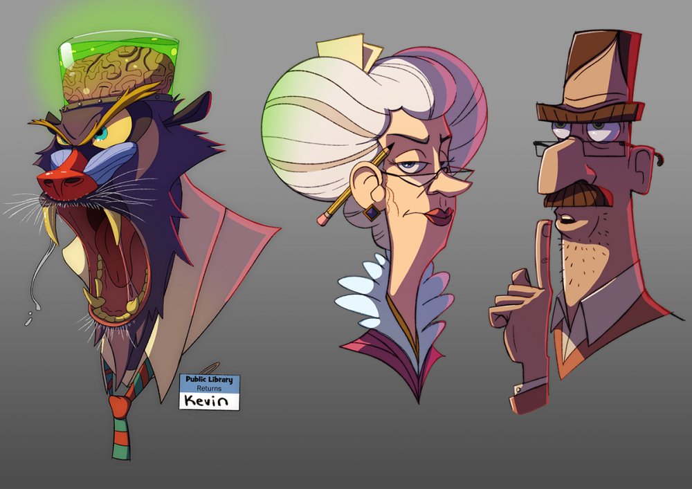 Three stylised cartoon characters