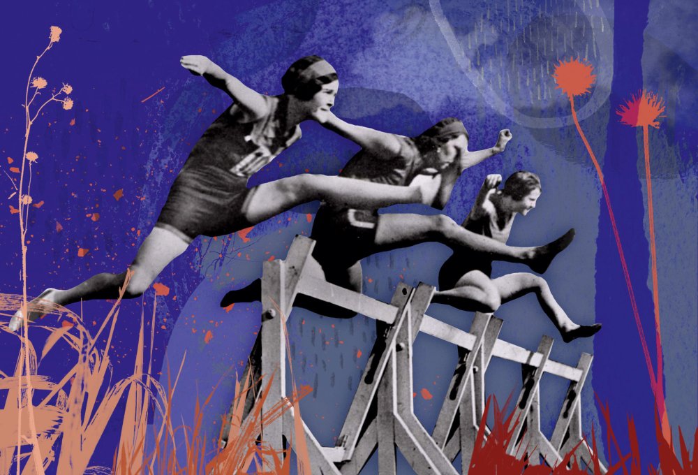 Collage of three women leaping over a hurdle