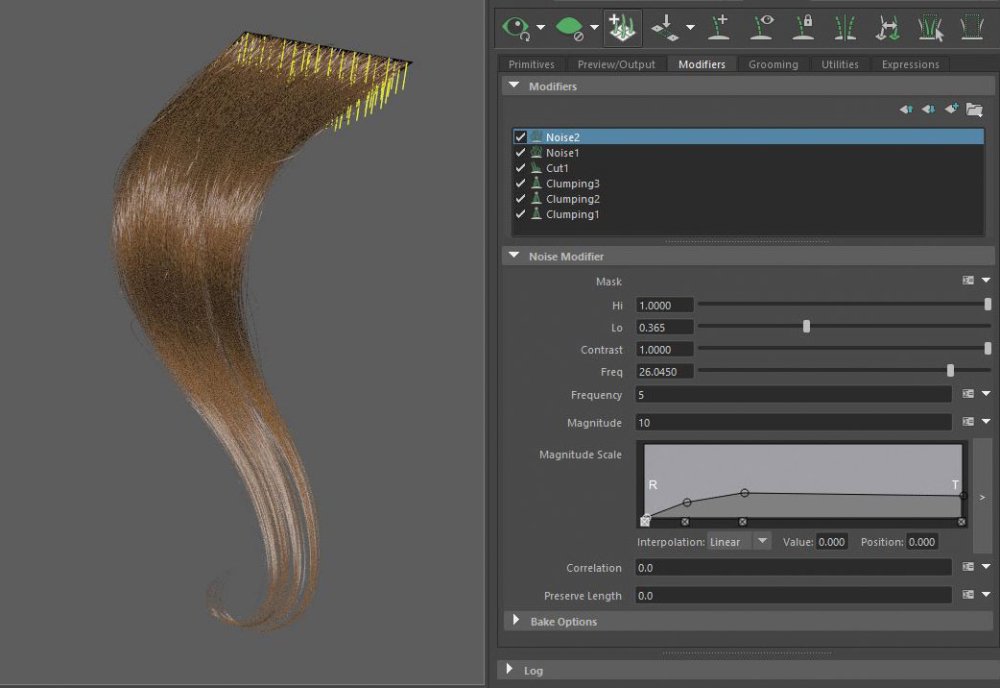 Screengrab of a lock of hair being created in Maya