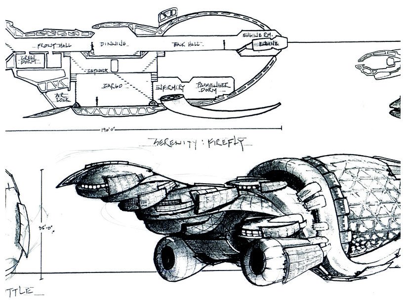 Serenity space ship design sketches