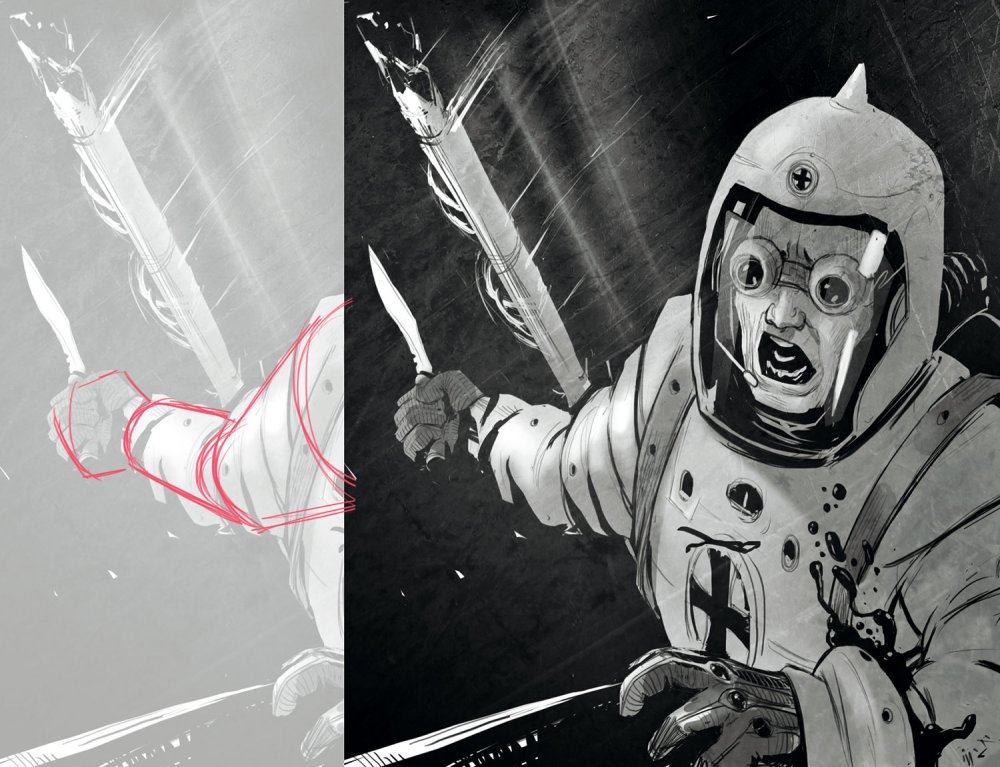 Man in a space suit, outside a space ship, screaming