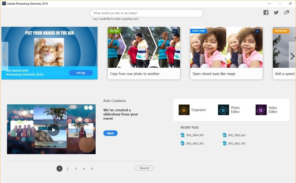 Photoshop Elements 2019 homescreen