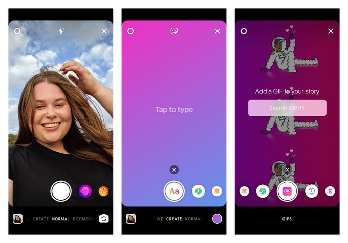 3 screens showing Instagram's Create mode in use