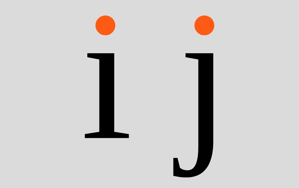 Lower case 'i' and 'j' with dots highlighted