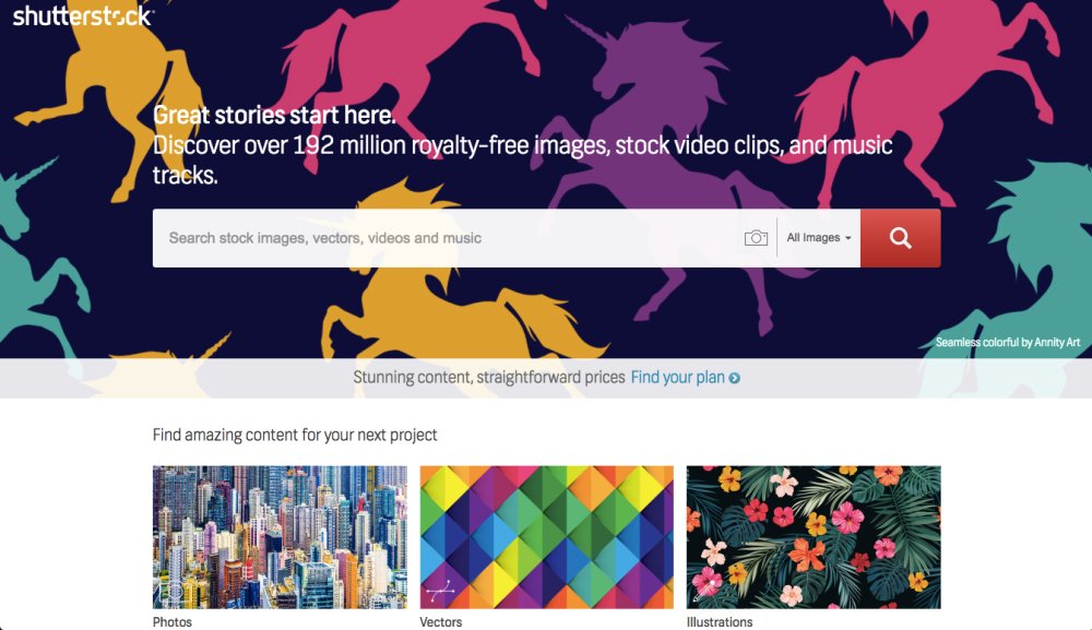 Shutterstock stock art homepage shows searches for photos, vectors and illustrations