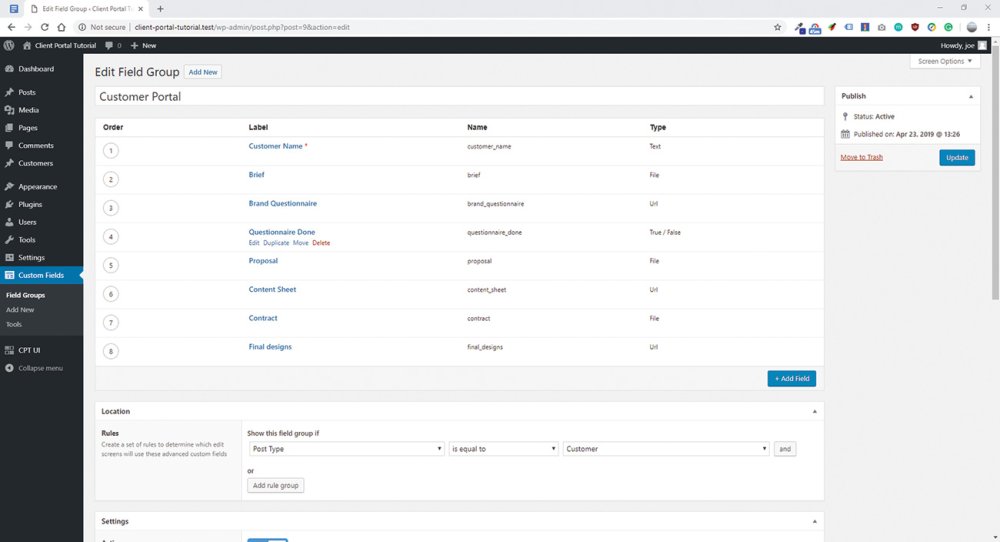 Build a client portal with WordPress: Add custom fields